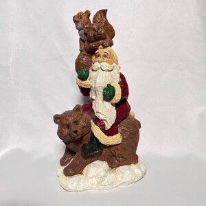 Santa on a Bear Figurine Holiday Decoration Woodland Forest Rustic Carved Look
